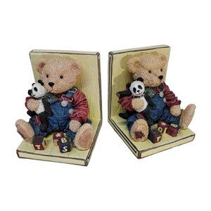 Blue Jean Teddy Bear Bookends Hand Painted Heavy Resin Decor Nursery Y2K Cute!!